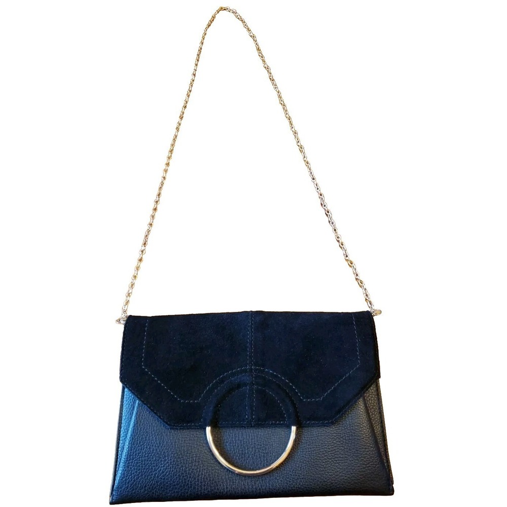 Moda Luxe Leather & Suede‎ Evening Clutch/ Sholder Bag Black Gold Chain Vtg
